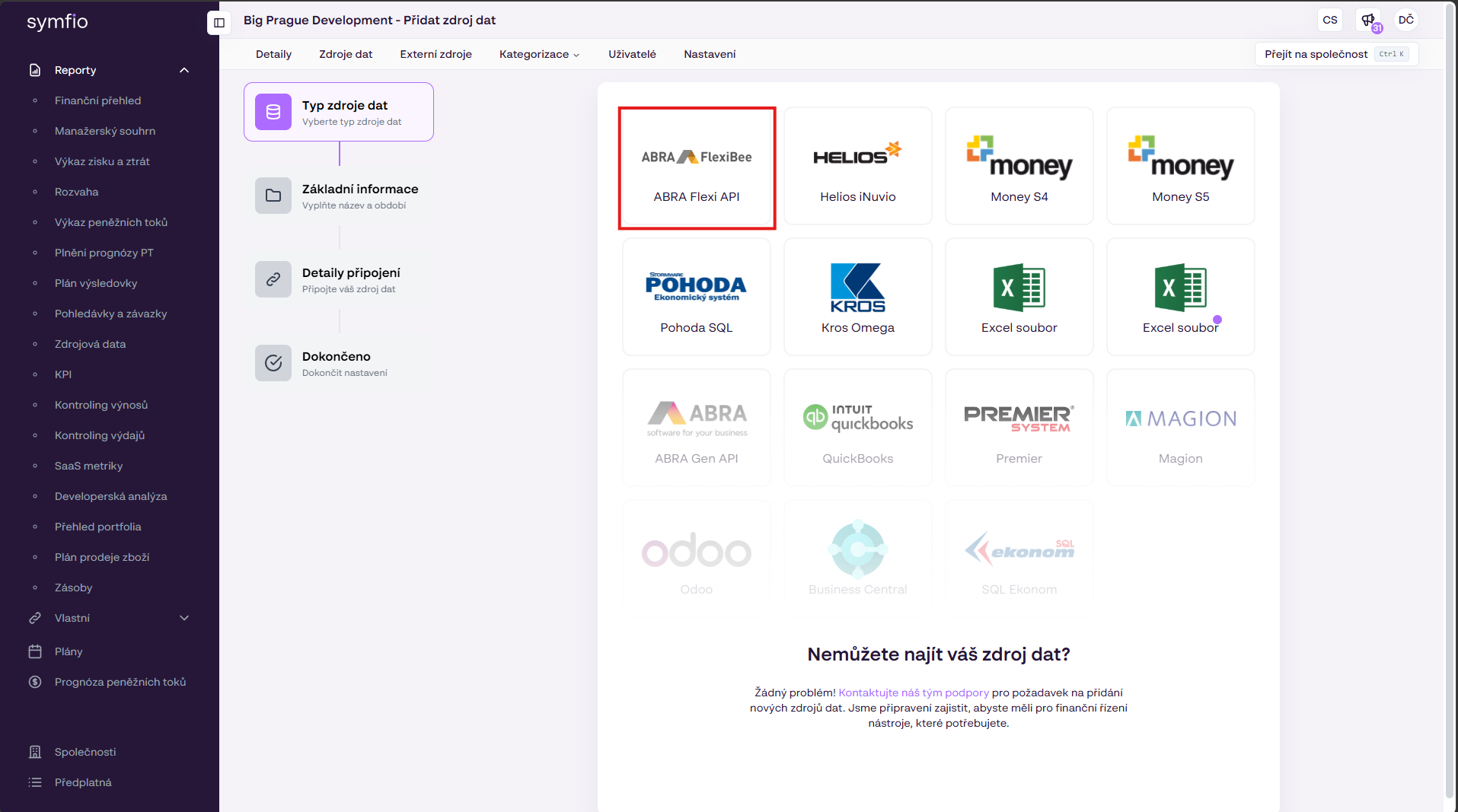 Výběr zdroje dat v Symfiu s napojením na ABRA Flexi, Helios, Money, Pohodu a další systémy