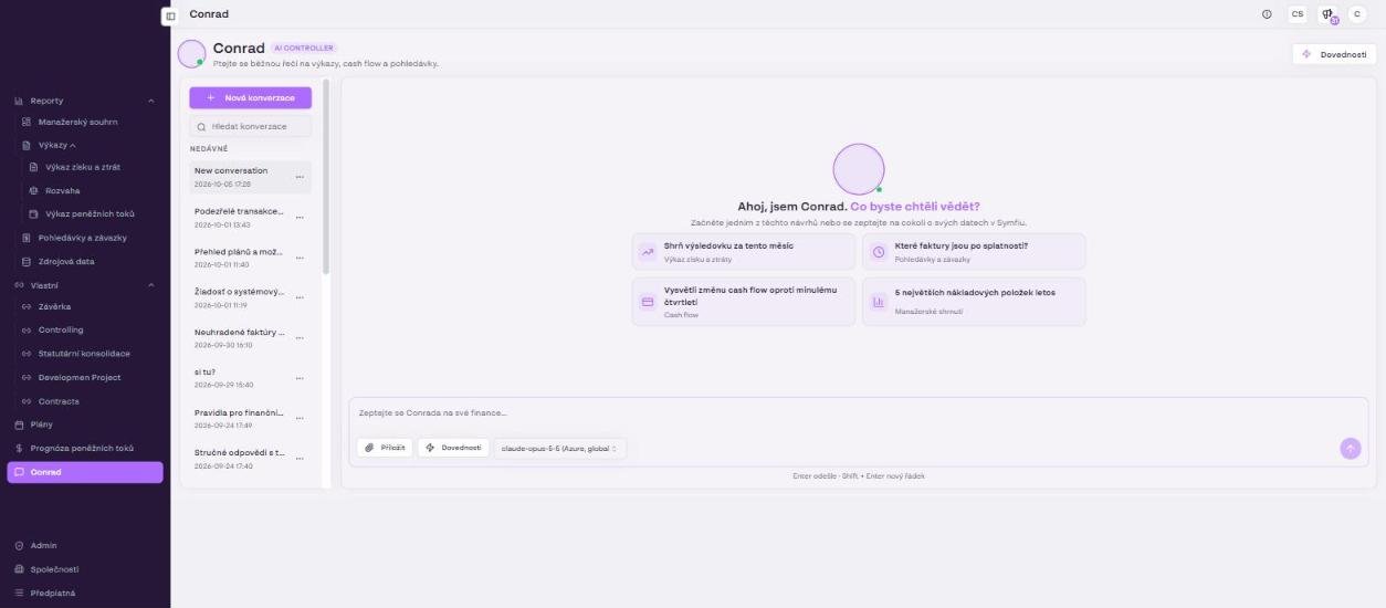 Conrad's welcome screen with suggested questions, the list of recent conversations and the input field.