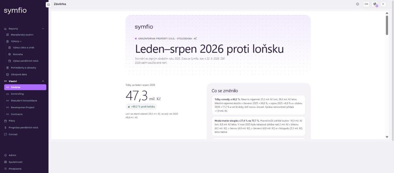 A custom static report (Závěrka) in the Custom menu with the "What changed" comment section.