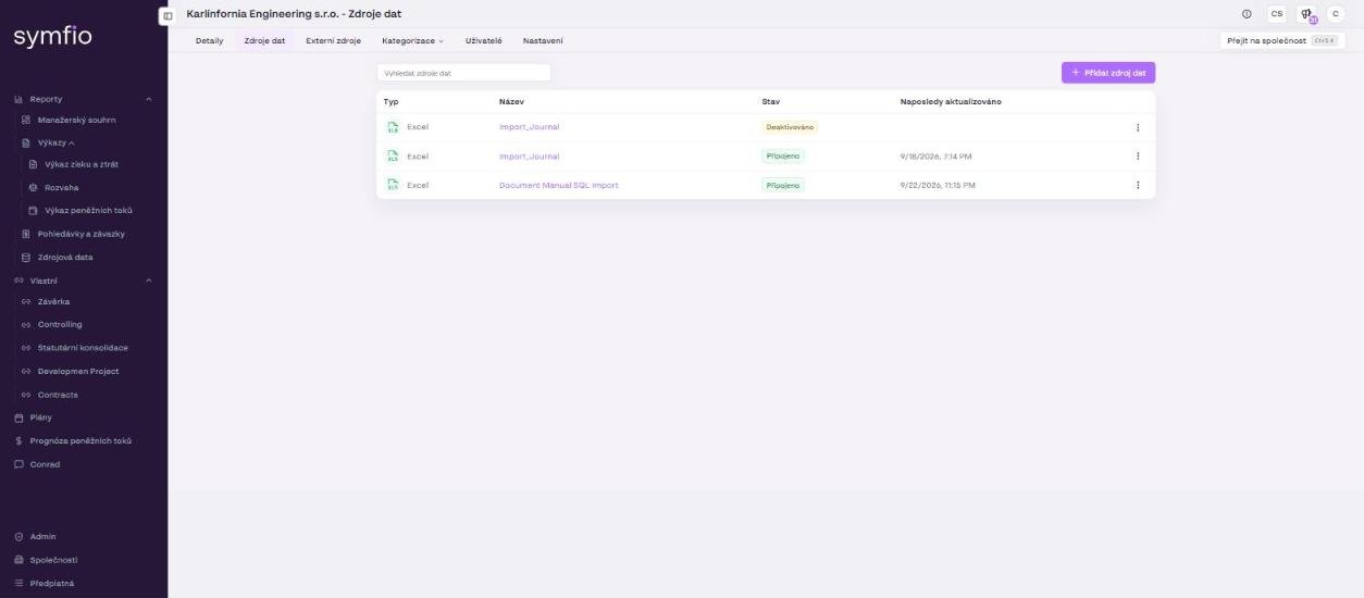 The Data sources tab in the company detail with the list of connected sources.