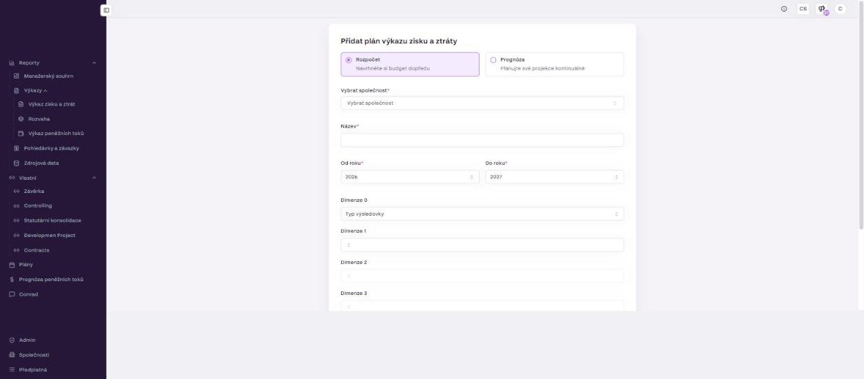 The Add income statement plan form: plan type, company, name, years and dimensions.
