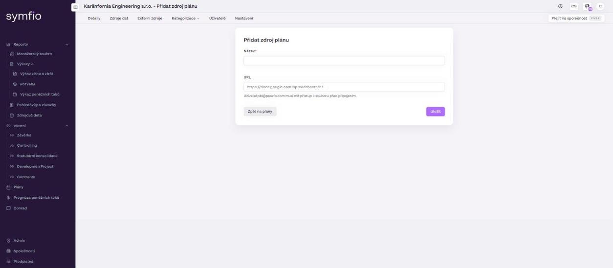 The Add plan source form: Name, URL of the Google Sheets spreadsheet and the note about access for pbi@proefo.com.