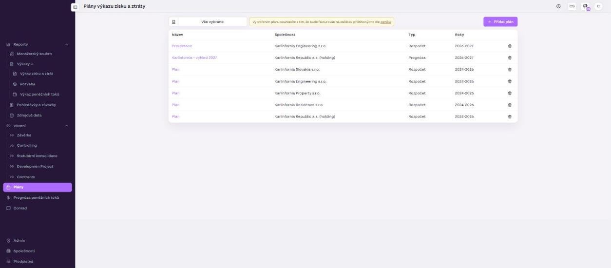 The list of income statement plans with the billing bar and the + Add plan button.