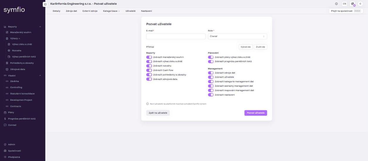 The Invite user form with role selection and access toggles.